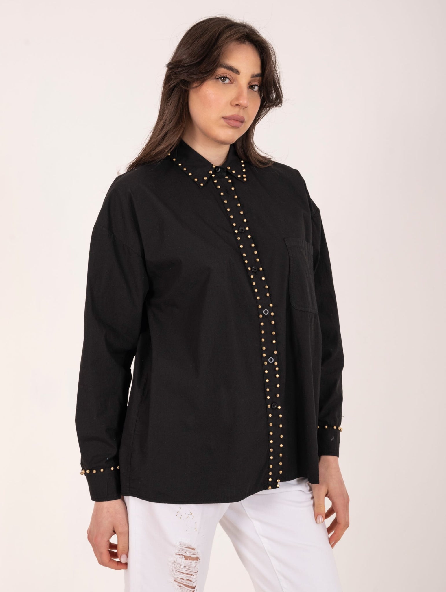 Camicia Borchie Brand Unique in Cotone Nera