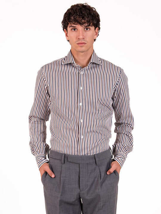 Camicia Borriello Napoli in Cotone a Righe Bianca, Blu e Marrone