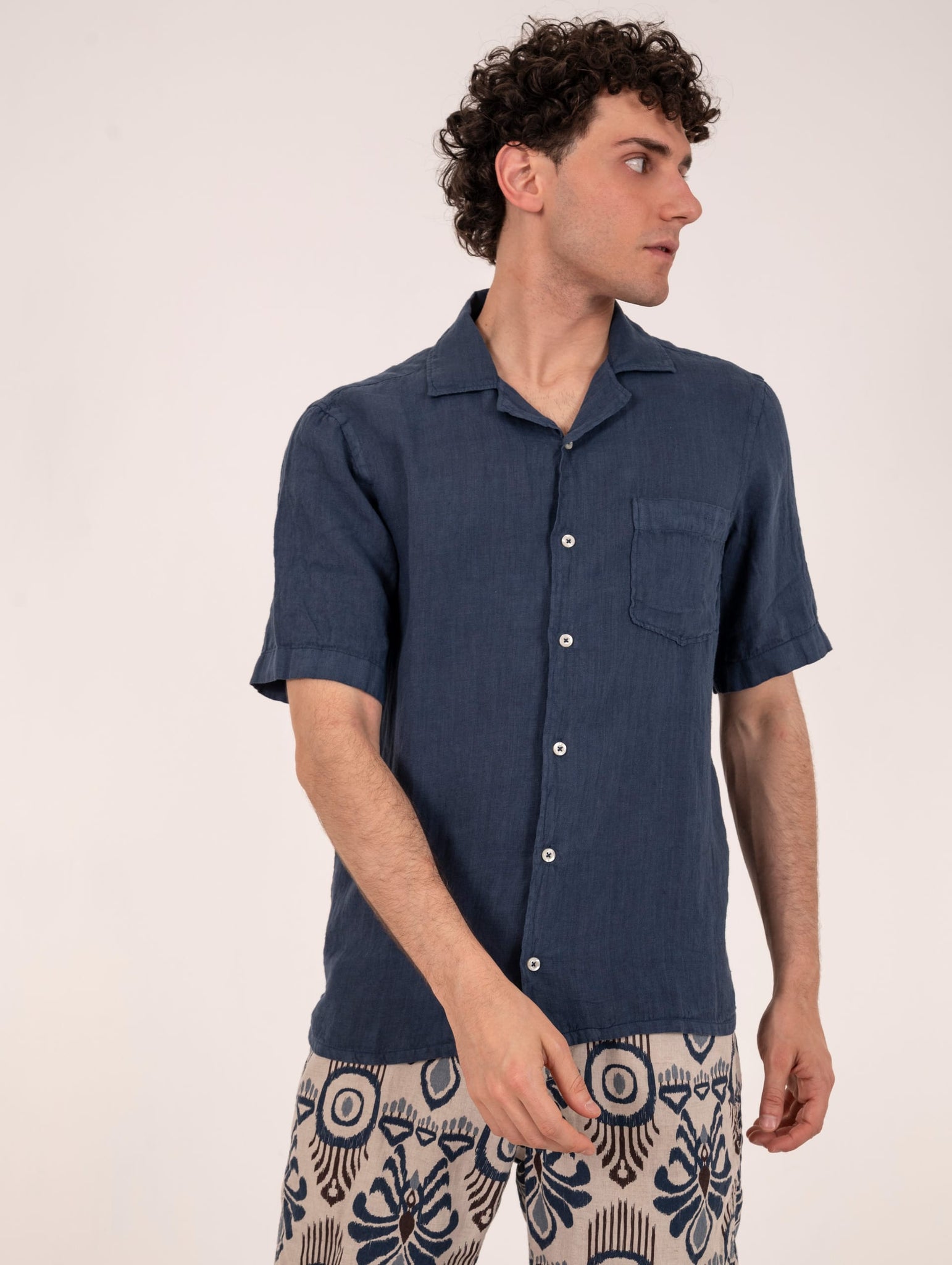 Camicia Bowling Roy Roger's in Lino Naval Blue