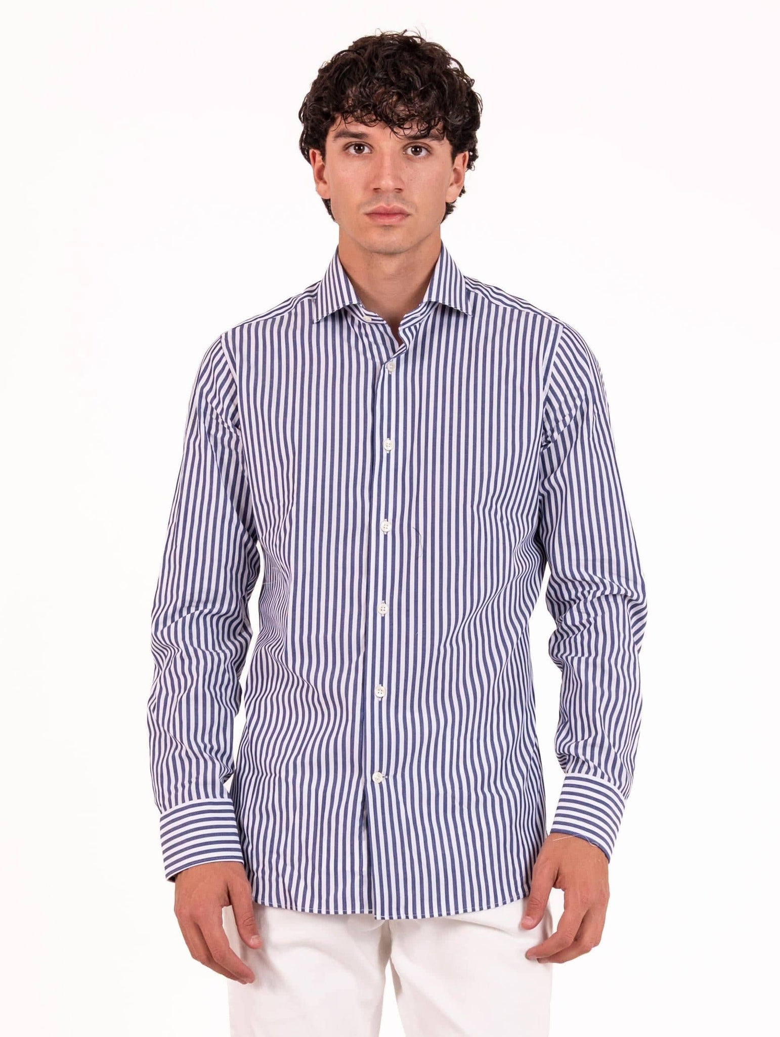 Camicia Caliban in Cotone Fantasia a Righe Bianco e Navy