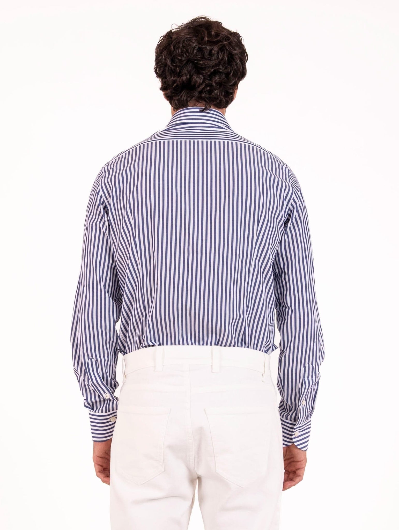 Camicia Caliban in Cotone Fantasia a Righe Bianco e Navy