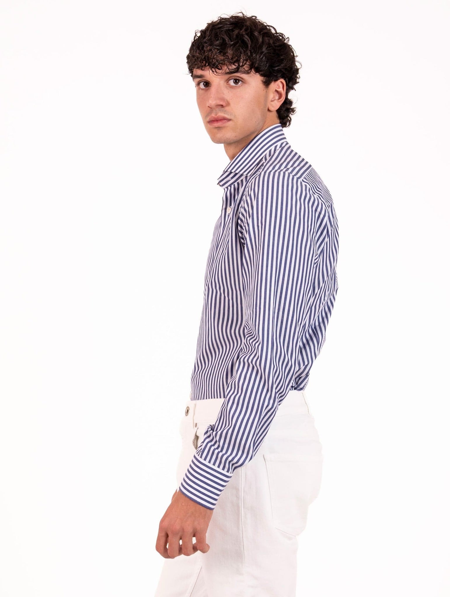 Camicia Caliban in Cotone Fantasia a Righe Bianco e Navy