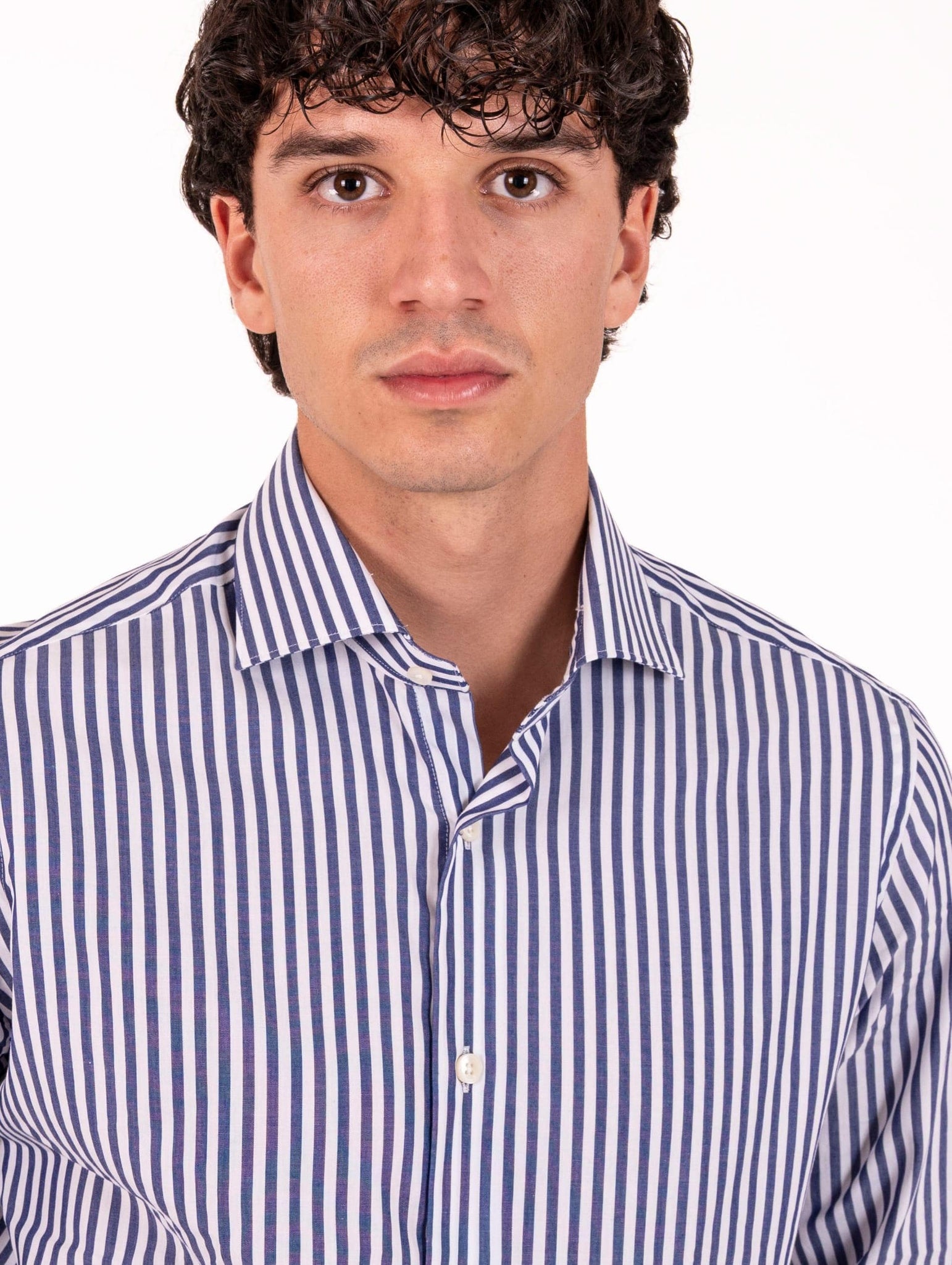 Camicia Caliban in Cotone Fantasia a Righe Bianco e Navy