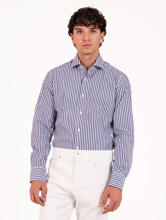 Camicia Caliban in Cotone Fantasia a Righe Bianco e Navy