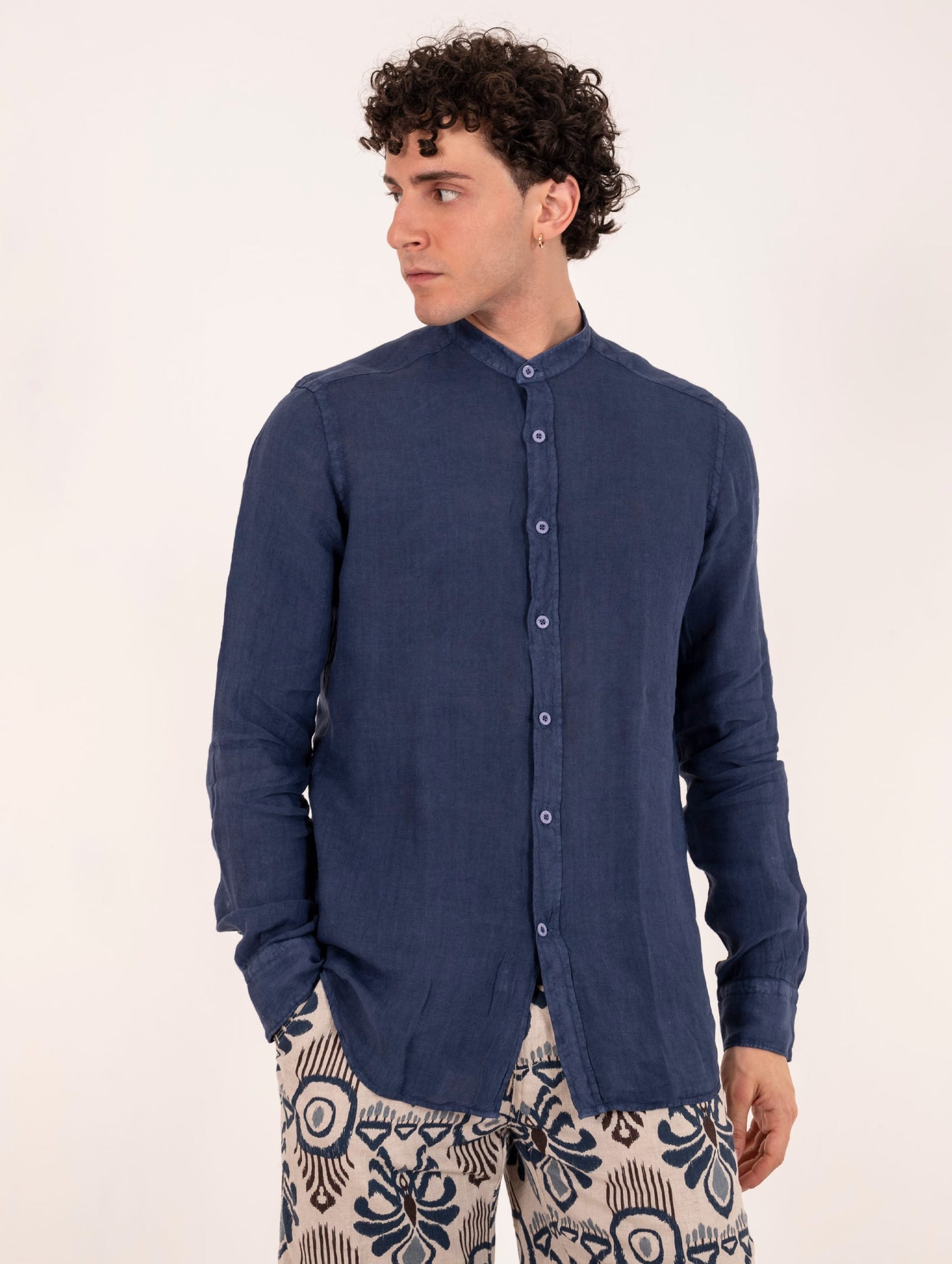 Camicia Coreana Four Stroke in Lino Blu