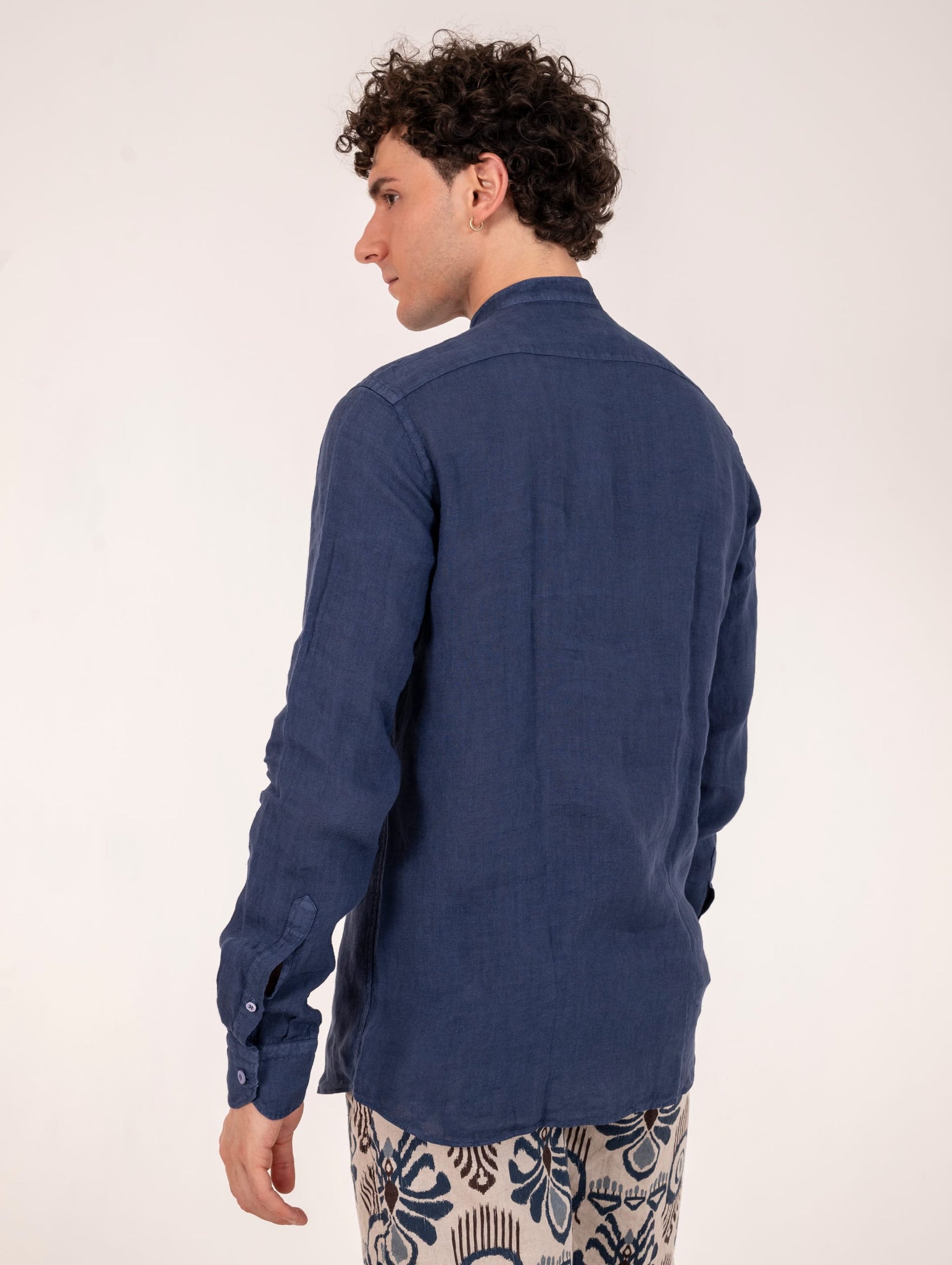 Camicia Coreana Four Stroke in Lino Blu