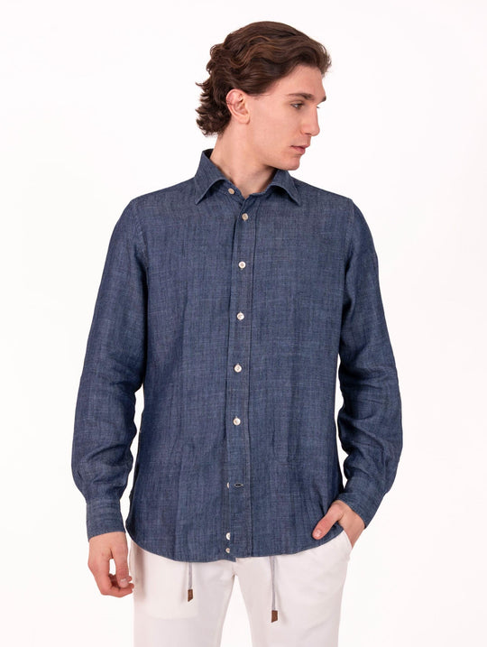 Camicia Eleventy Milano Platinum in Lyocell e Lino Denim Scuro