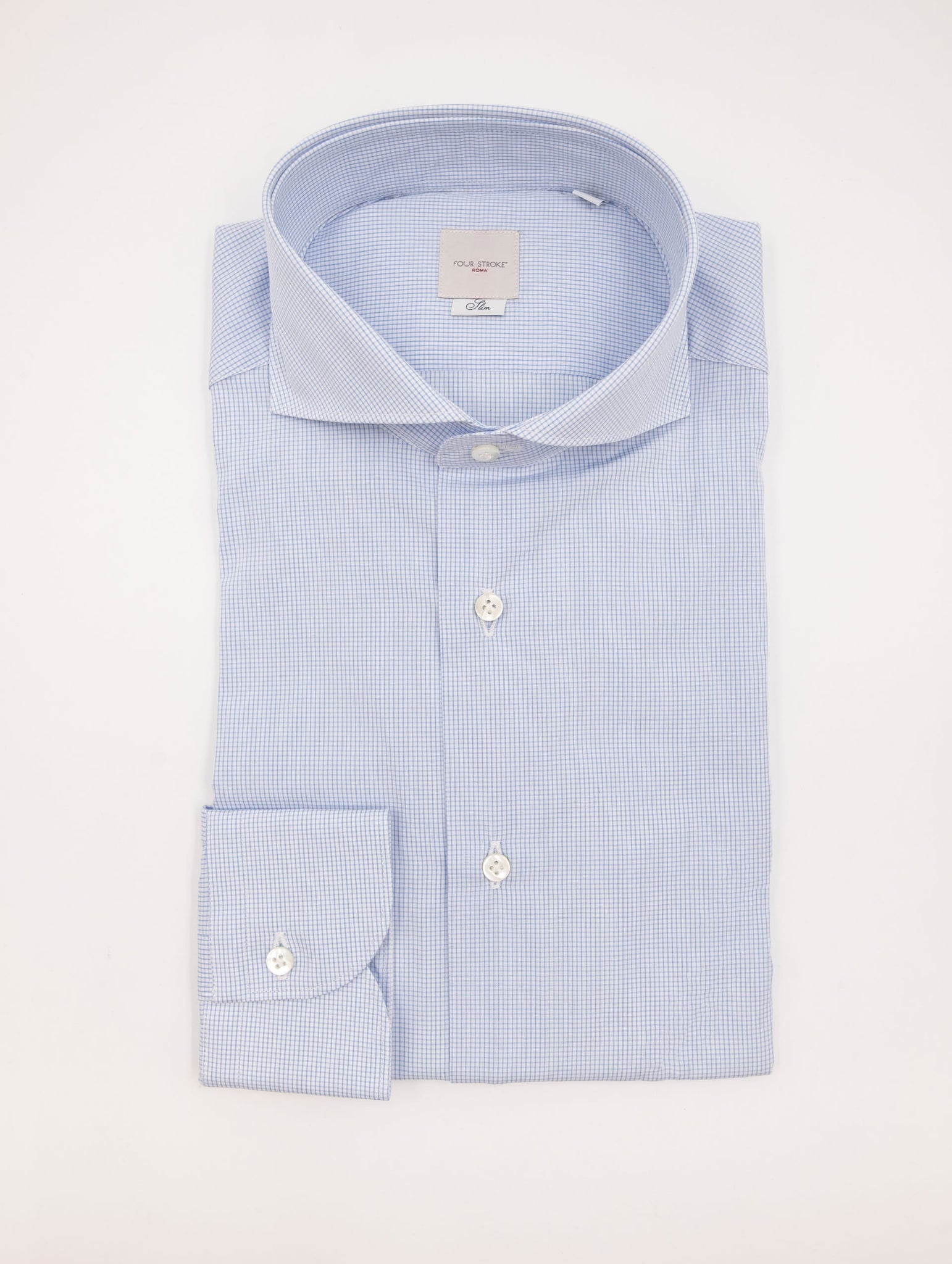 Camicia Four Stroke in Cotone Micro Quadri Bianca e Azzurra