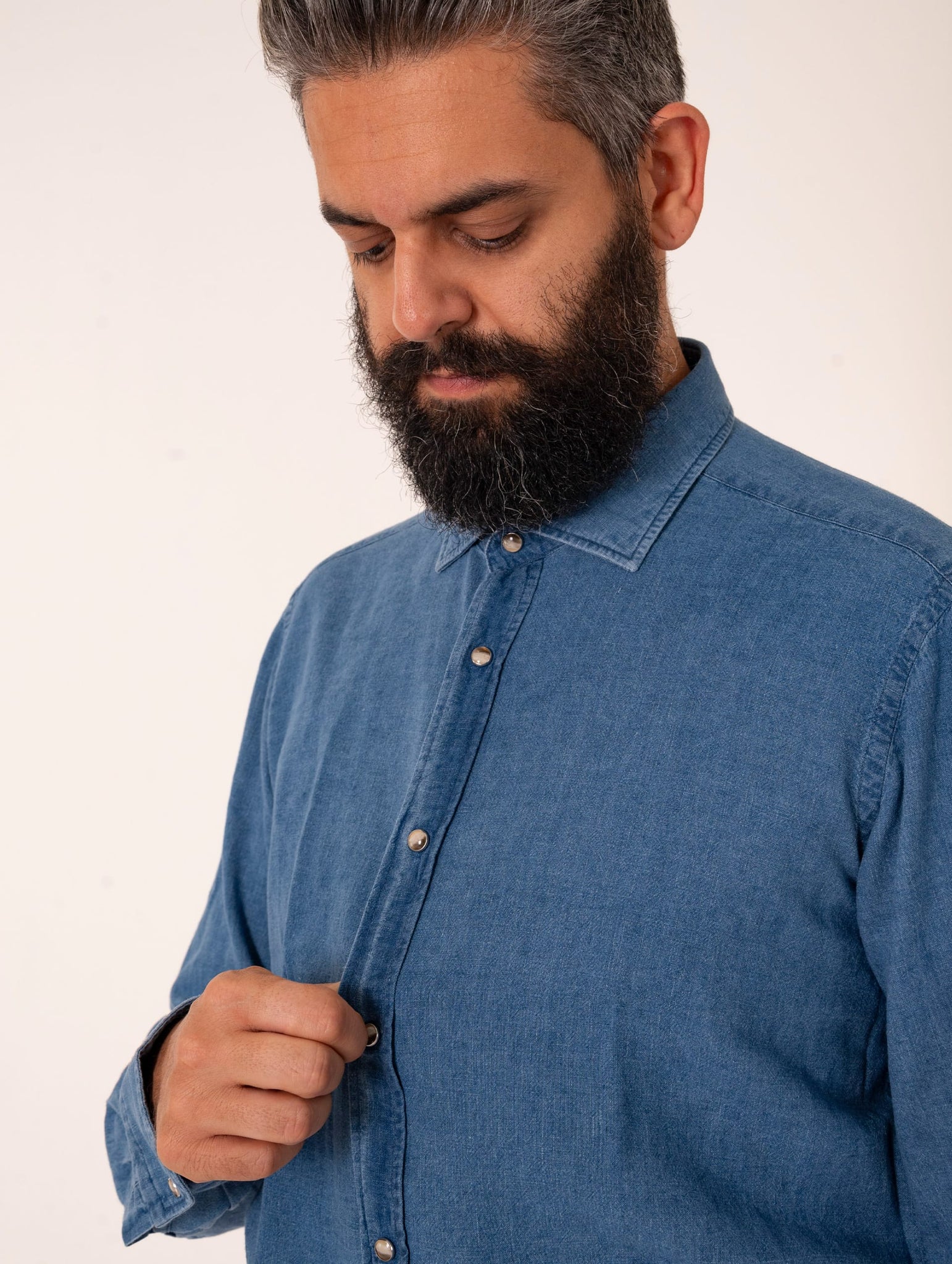 Camicia Four Stroke in Lino e Cotone Denim Medio