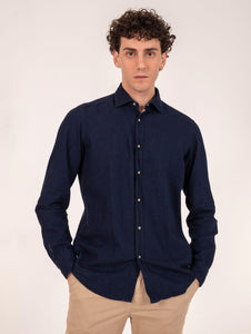 Camicia Four Stroke in Lino e Cotone Denim Scuro