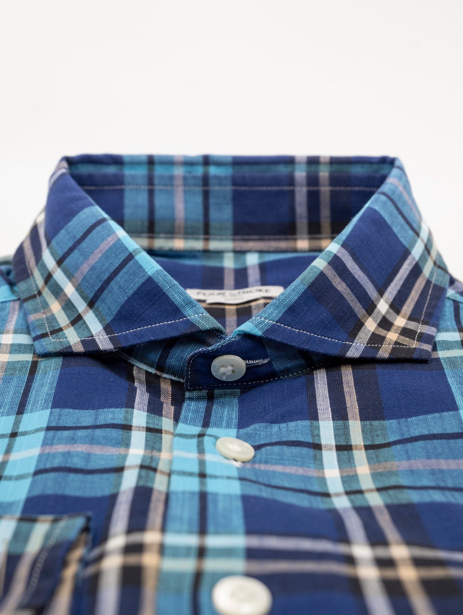 Camicia Four Stroke in Lino Fantasia Check Blu e Azzurro