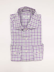 Camicia Orian in Cotone Fantasia Quadri Bianco, Grigio e Lilla