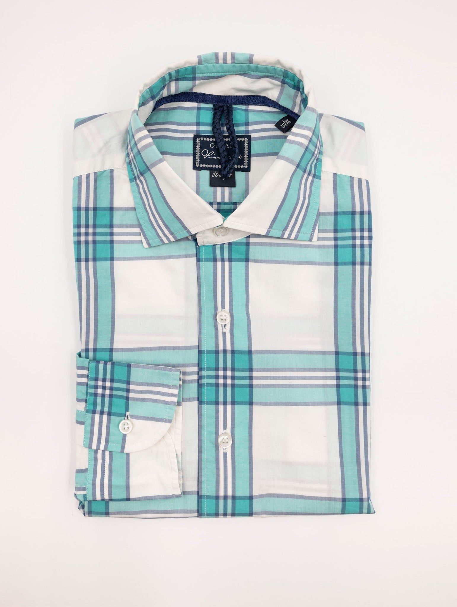 Camicia Orian in Cotone Goffrato Fantasia Check Verde Acqua e Blu