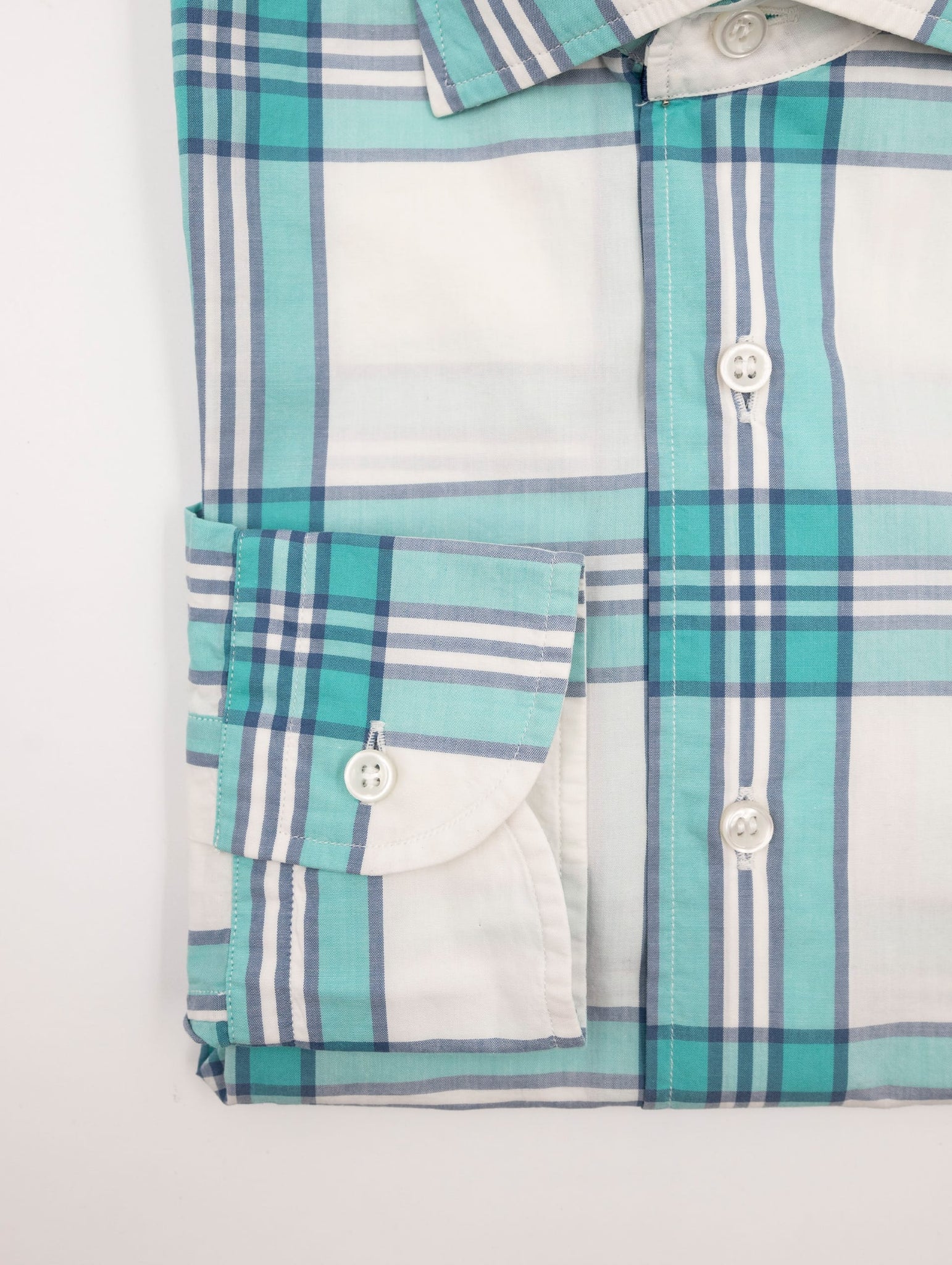 Camicia Orian in Cotone Goffrato Fantasia Check Verde Acqua e Blu