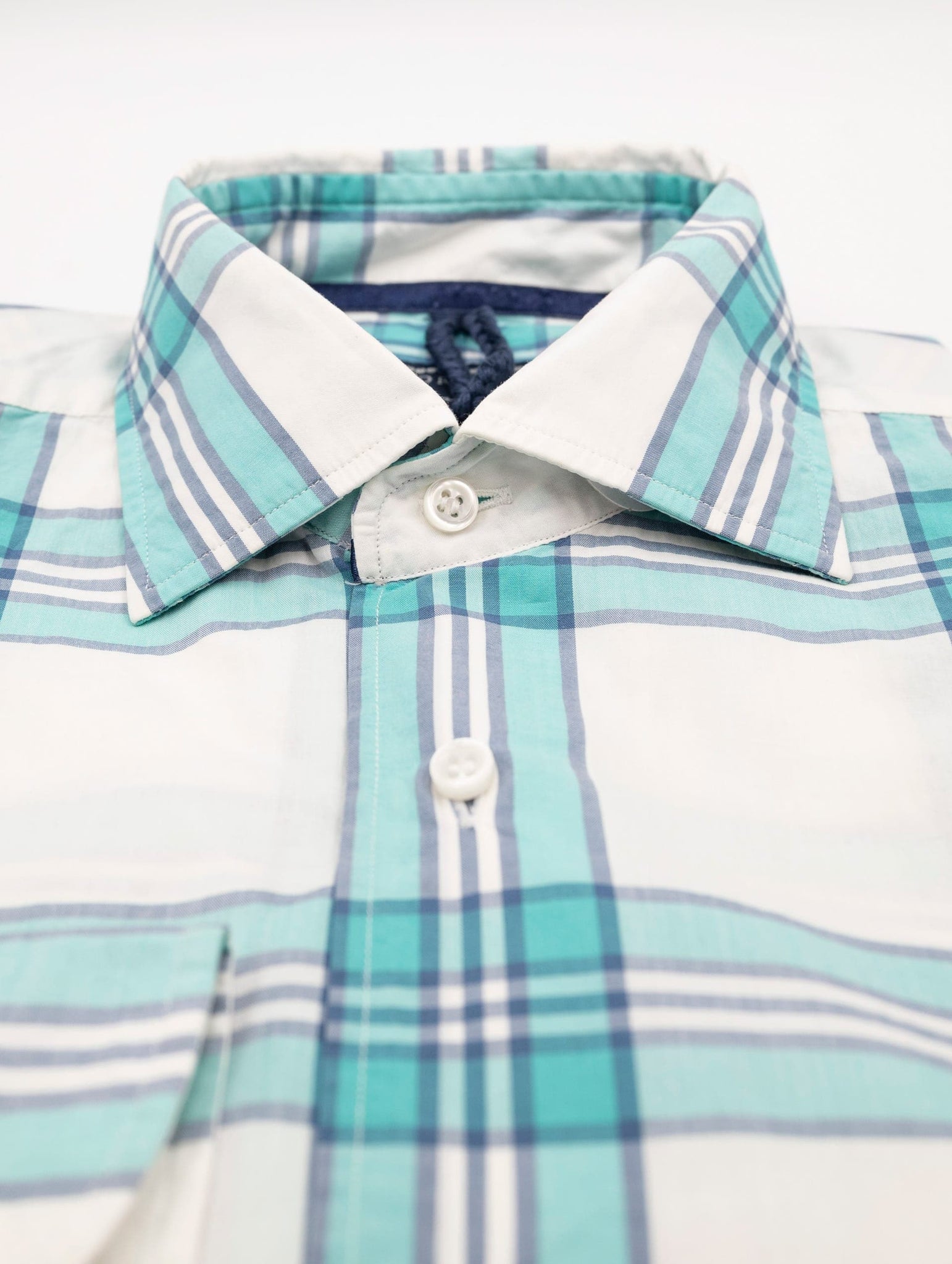 Camicia Orian in Cotone Goffrato Fantasia Check Verde Acqua e Blu