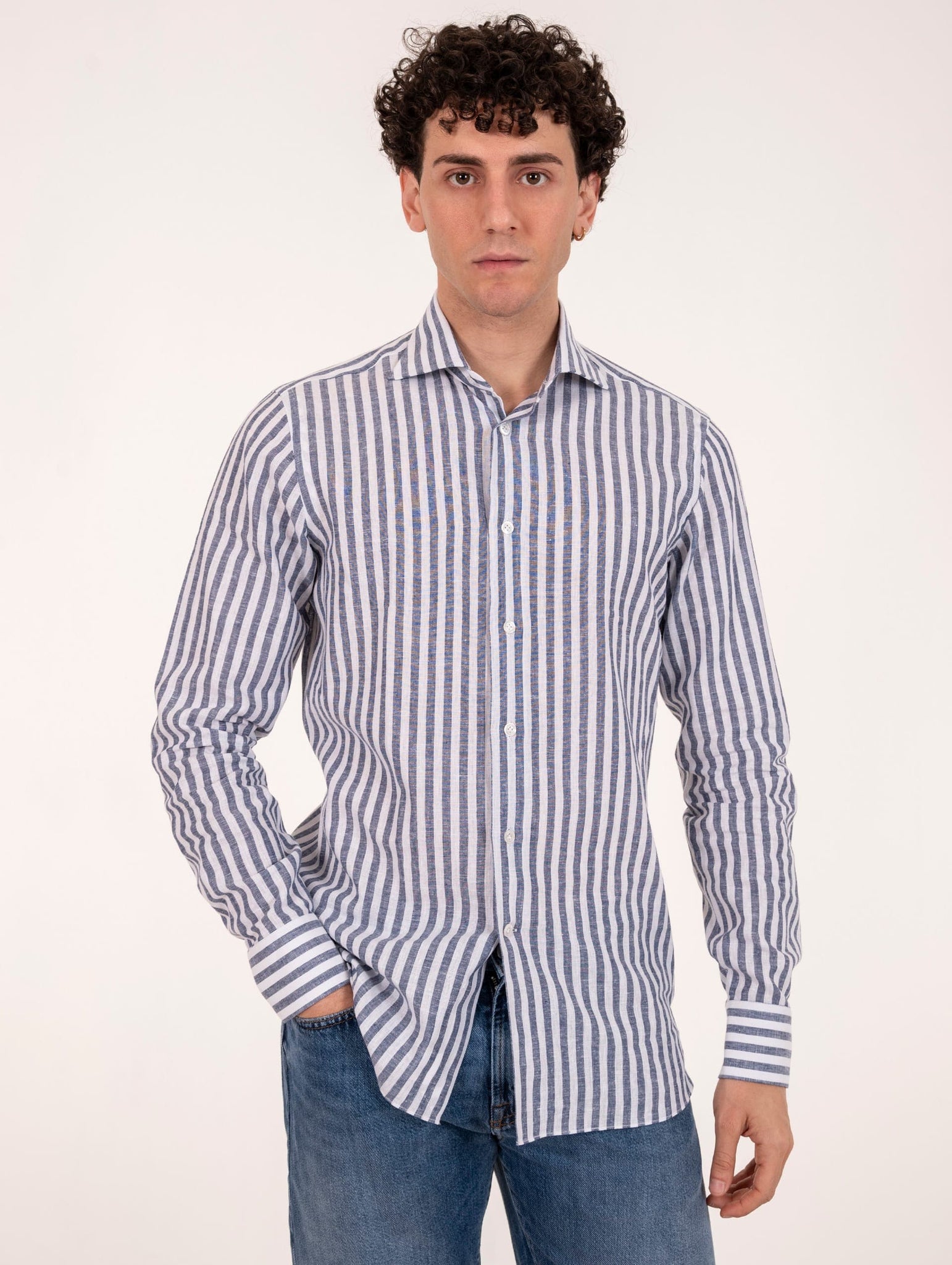 Camicia Rigata Borriello Napoli in Lino Blu e Bianco