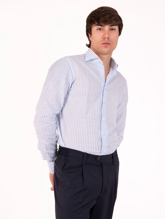 Camicia Rigata Borriello Napoli in Lino e Cotone Azzurro e Bianco