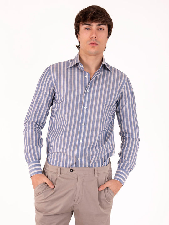 Camicia Rigata Borriello Napoli in Lino e Cotone Azzurro, Marrone e Beige