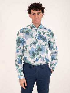 Camicia Tintoria Mattei in Cotone Fantasia Floreale Bianca e Blu