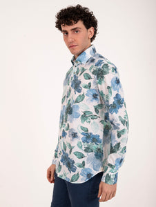 Camicia Tintoria Mattei in Cotone Fantasia Floreale Bianca e Blu