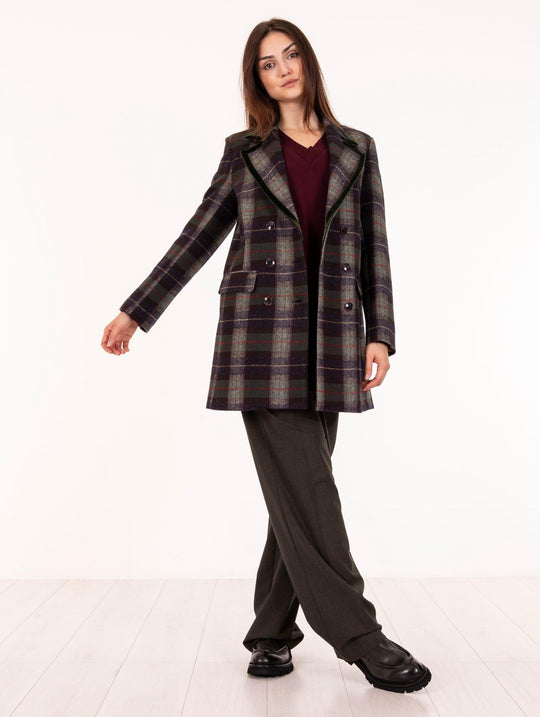 Alessia Santi Coat Green and Purple Checkered