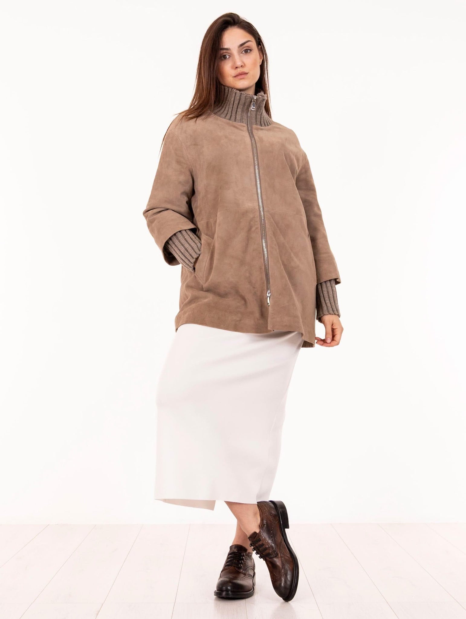 Cappotto Desire The Jeackie Leather in Maglia e Velvet Suede Vaniglia