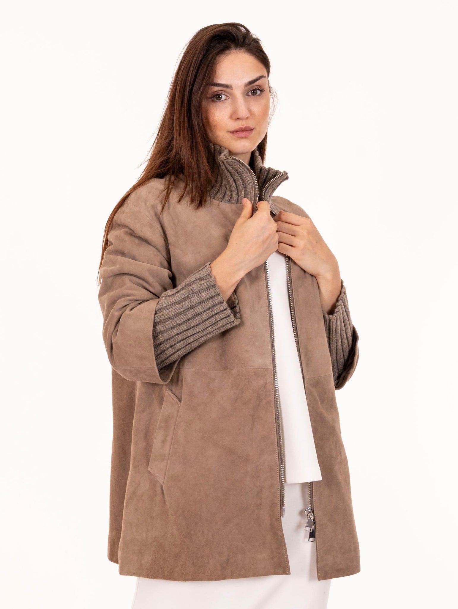 Cappotto Desire The Jeackie Leather in Maglia e Velvet Suede Vaniglia