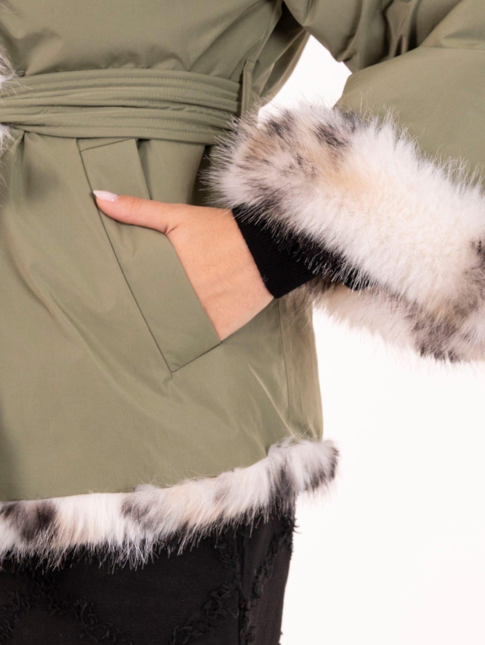 Cappotto Violanti Reversibile con Ecopelliccia Lince in Taffetà Verde Militare