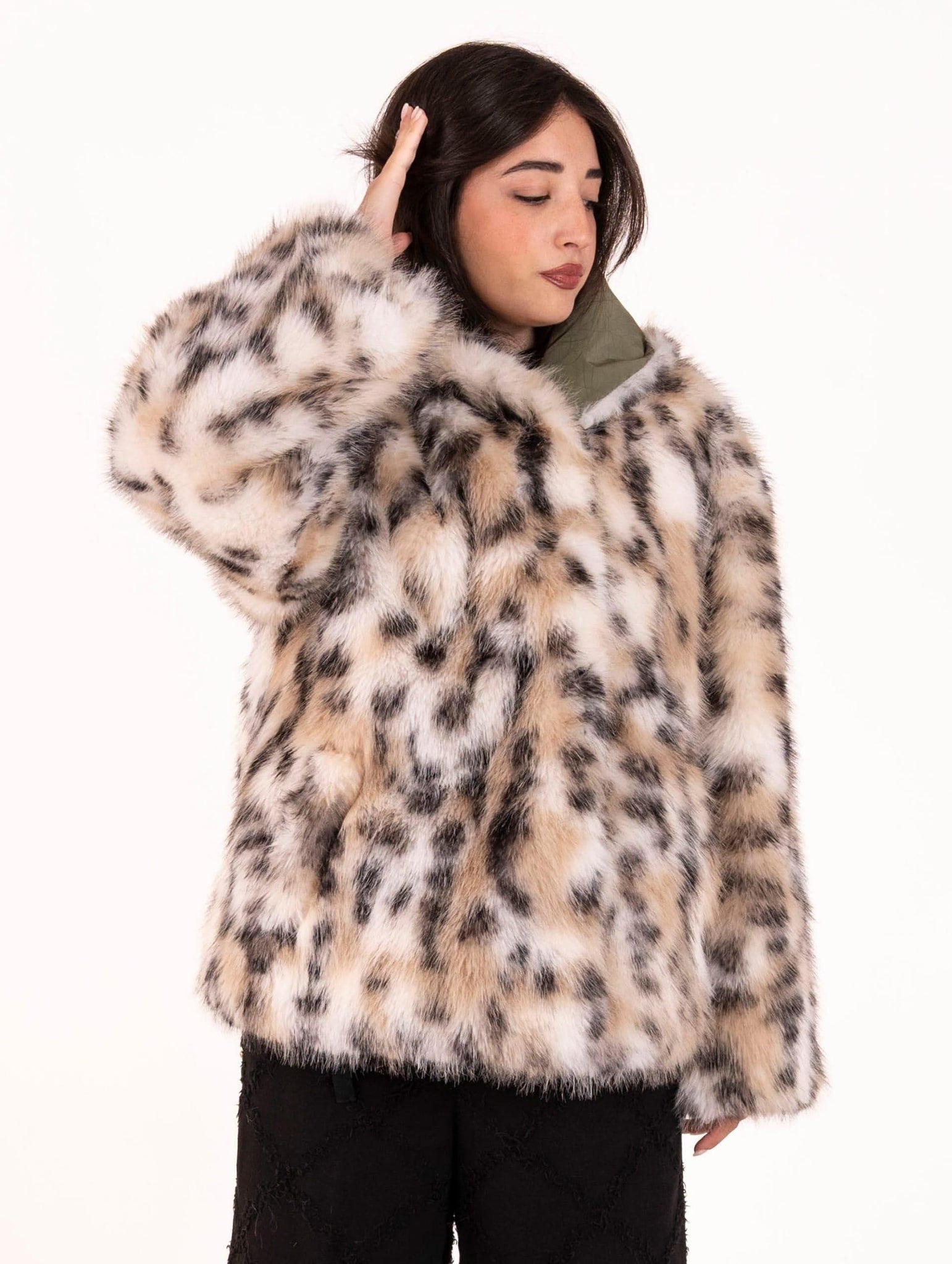 Cappotto Violanti Reversibile con Ecopelliccia Lince in Taffetà Verde Militare