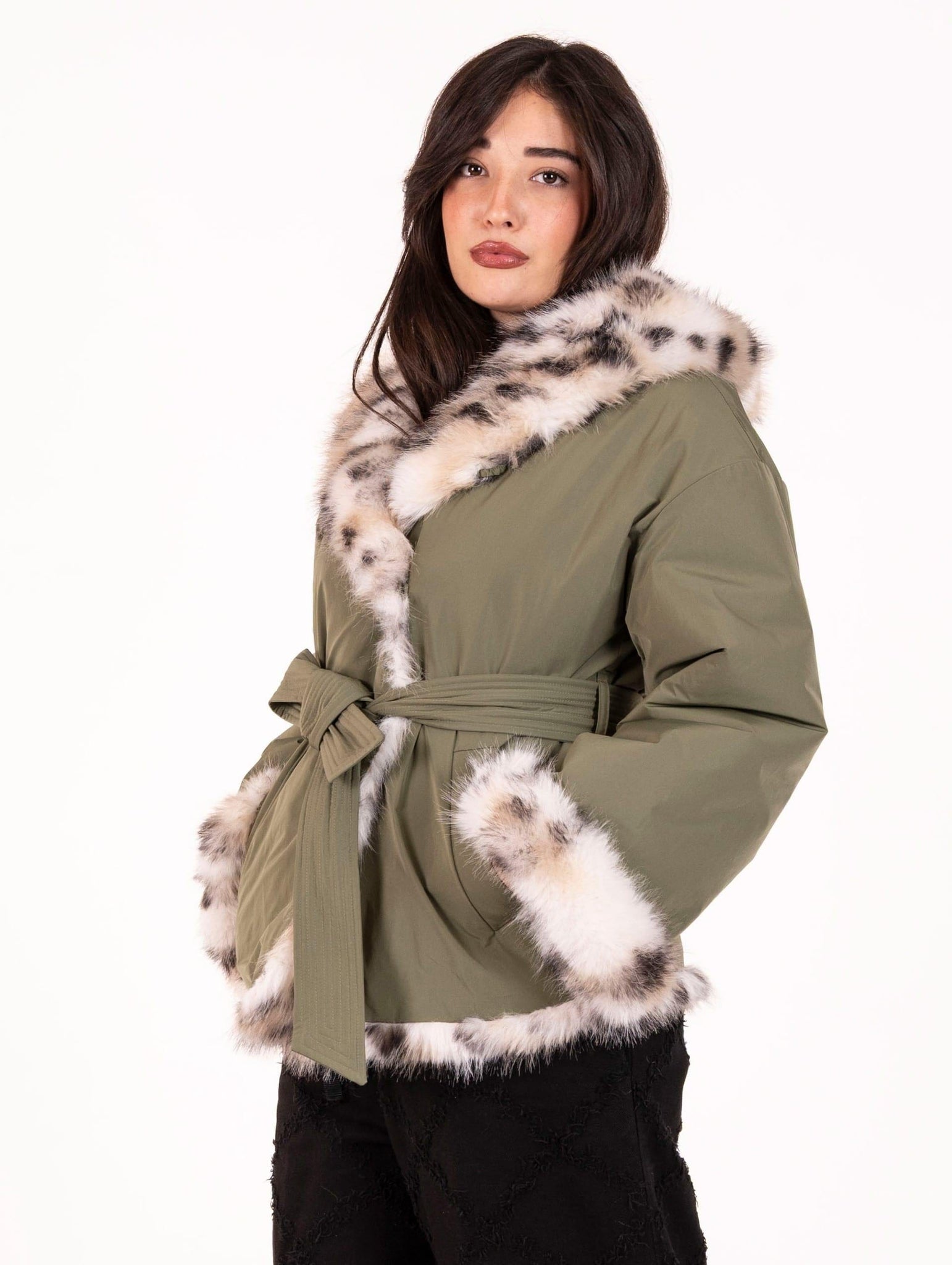 Cappotto Violanti Reversibile con Ecopelliccia Lince in Taffetà Verde Militare