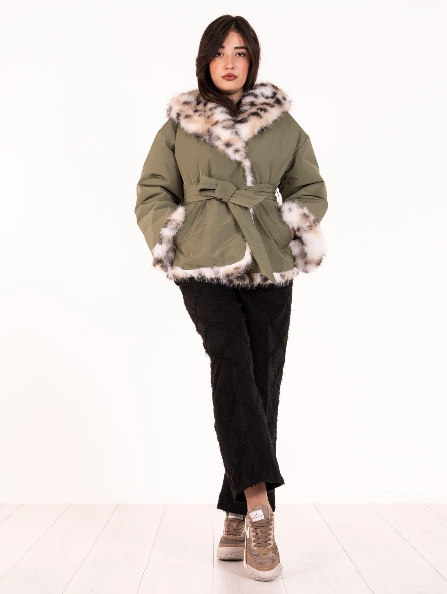 Cappotto Violanti Reversibile con Ecopelliccia Lince in Taffetà Verde Militare