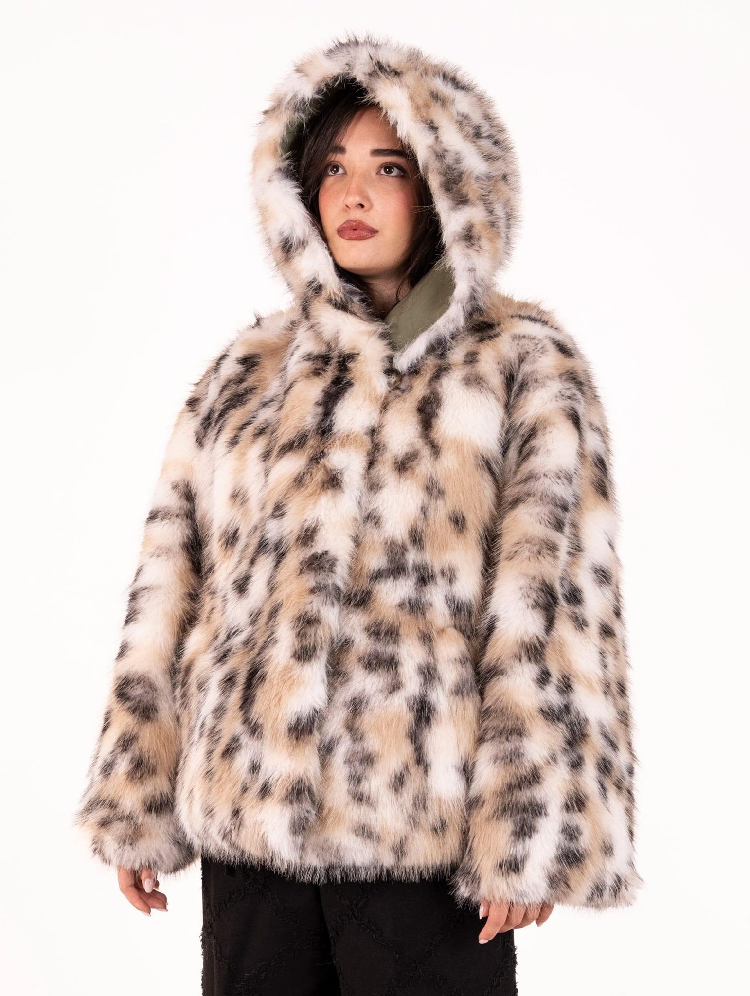 Cappotto Violanti Reversibile con Ecopelliccia Lince in Taffetà Verde Militare