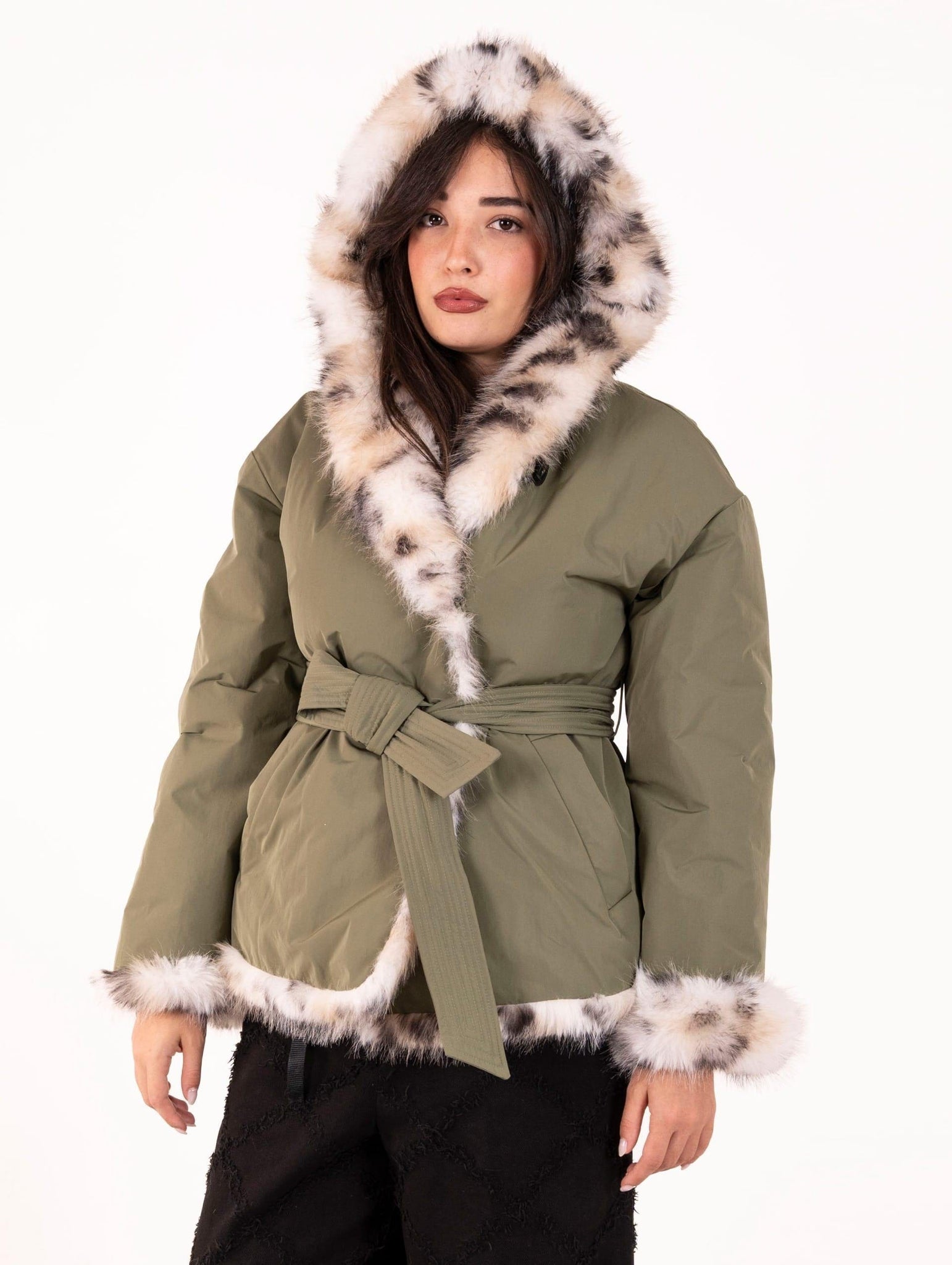 Cappotto Violanti Reversibile con Ecopelliccia Lince in Taffetà Verde Militare