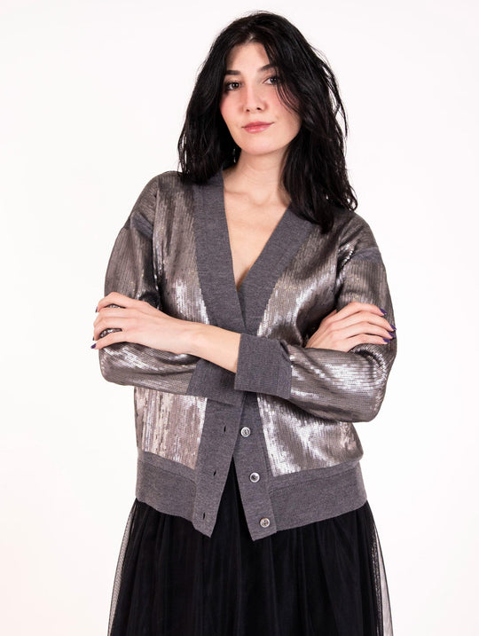 Cardigan Alpha Studio in Pura Lana Paillettes Grigio Scuro