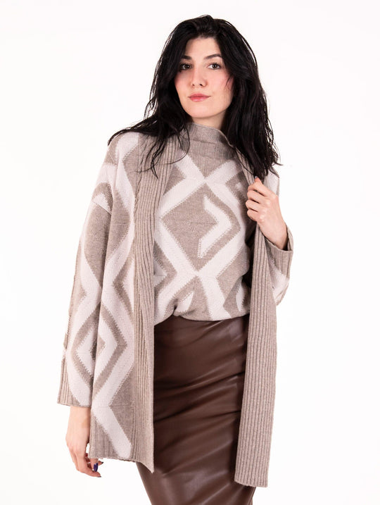 Cardigan Alpha Studio Intarsio in Lana e Cachemire Naturale e Bianco