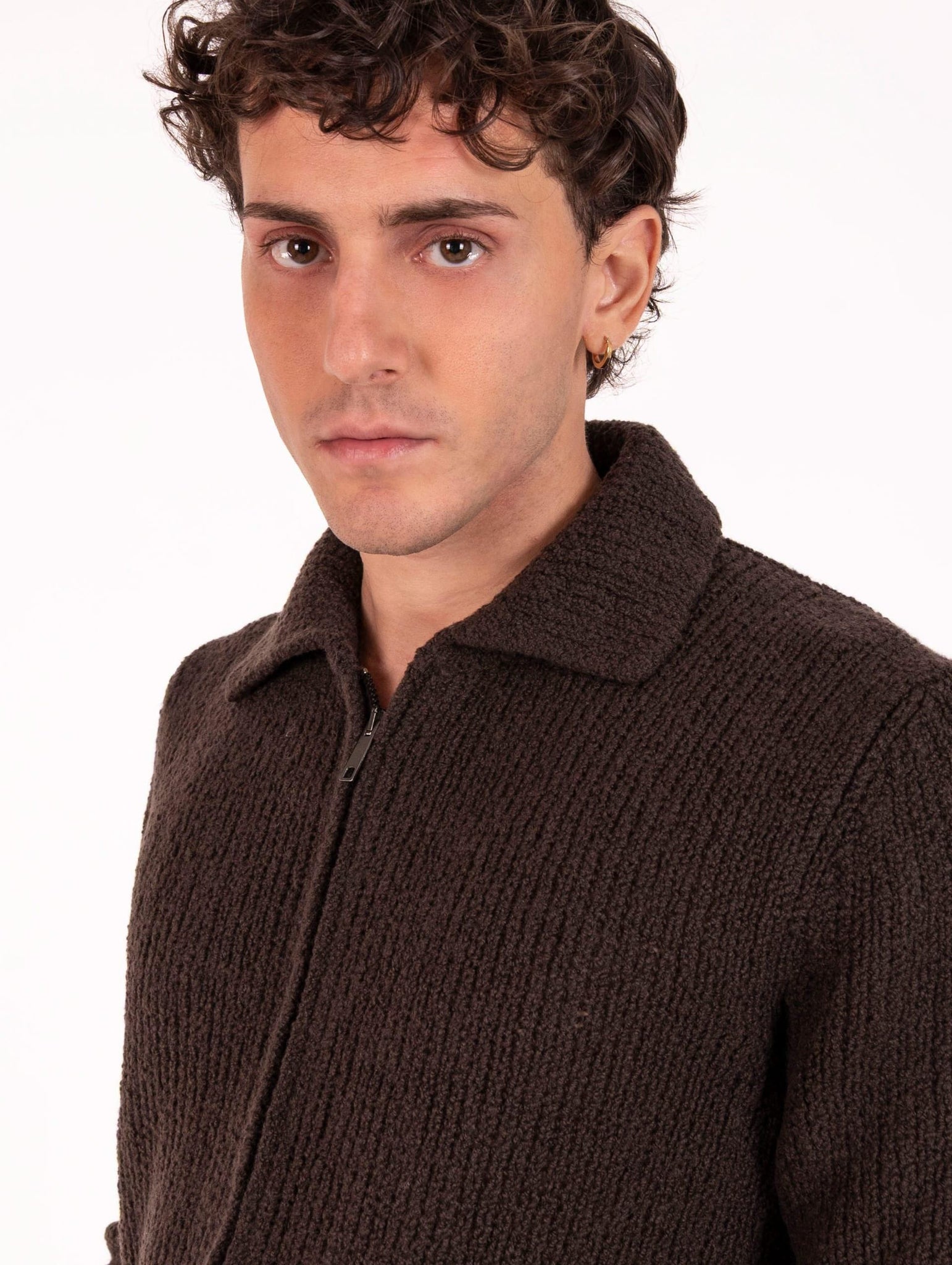 Cardigan Con Zip Daniele Fiesoli in Lana Merinos Extrafine Testa di Moro