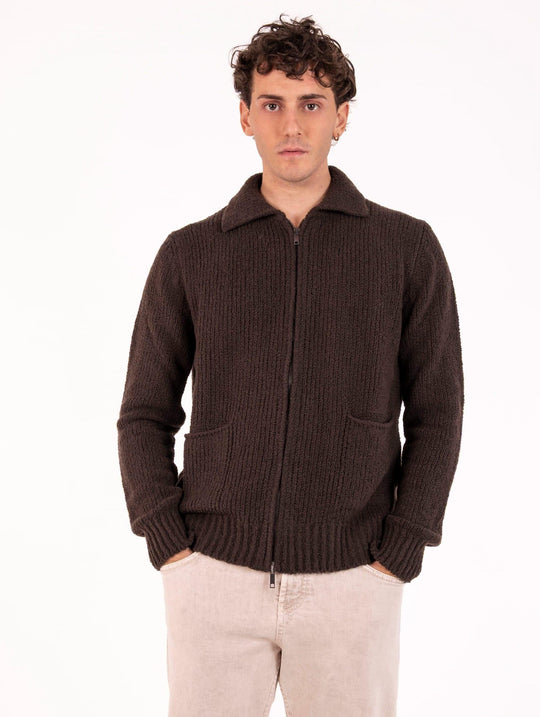Cardigan Con Zip Daniele Fiesoli in Lana Merinos Extrafine Testa di Moro