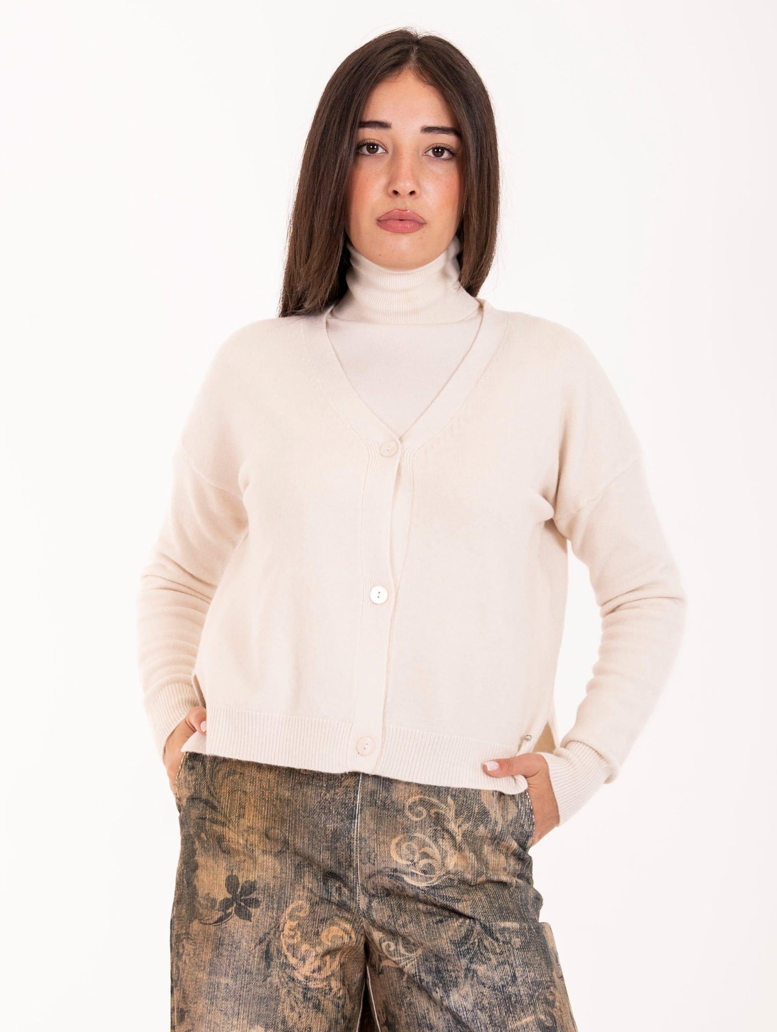 Cardigan Corto White Wise in Lana e Viscosa Naturale