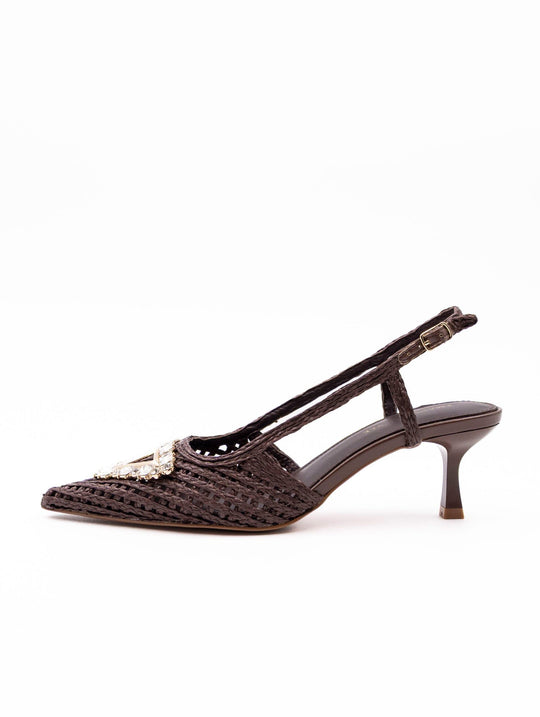 Decollete Emanuelle Vee con Strass in Raffia Marrone
