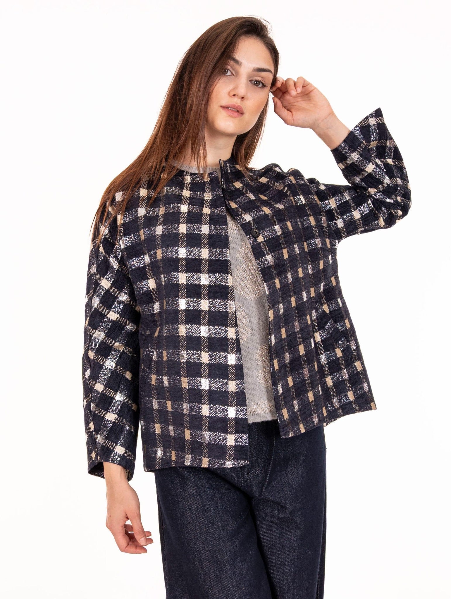 Giacca Cappa Alessia Santi Check Argento e Blu