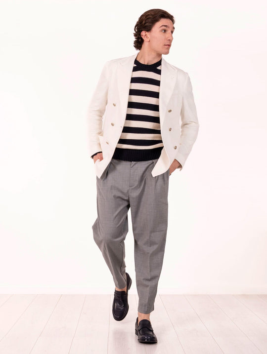Eleventy Milano Platinum Double-Breasted Jacket in White Cotton, Lyocell, and Linen