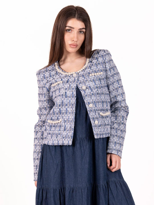 Giacca No Secrets con Perle in Tweed Celeste