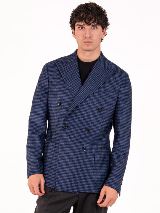 Giacca Sartoriale Doppiopetto Four Stroke in Lana Vergine e Seta Pied de Poule Navy e Blu