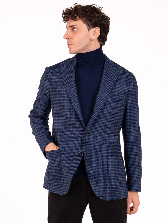 Giacca Sartoriale Four Stroke in Lana Vergine, Seta e Lino Pied de Poule Indaco e Blu