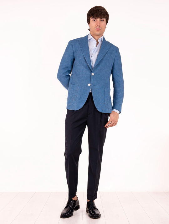 Giacca Sartoriale Four Stroke in Lino e Lana Vergine Azzurra