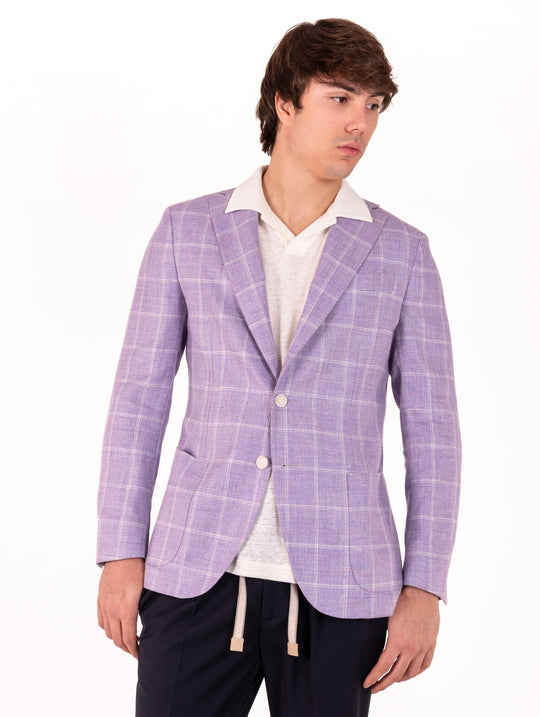 Giacca Sartoriale Four Stroke in Lino e Lana Vergine Check Lavanda e Bianco
