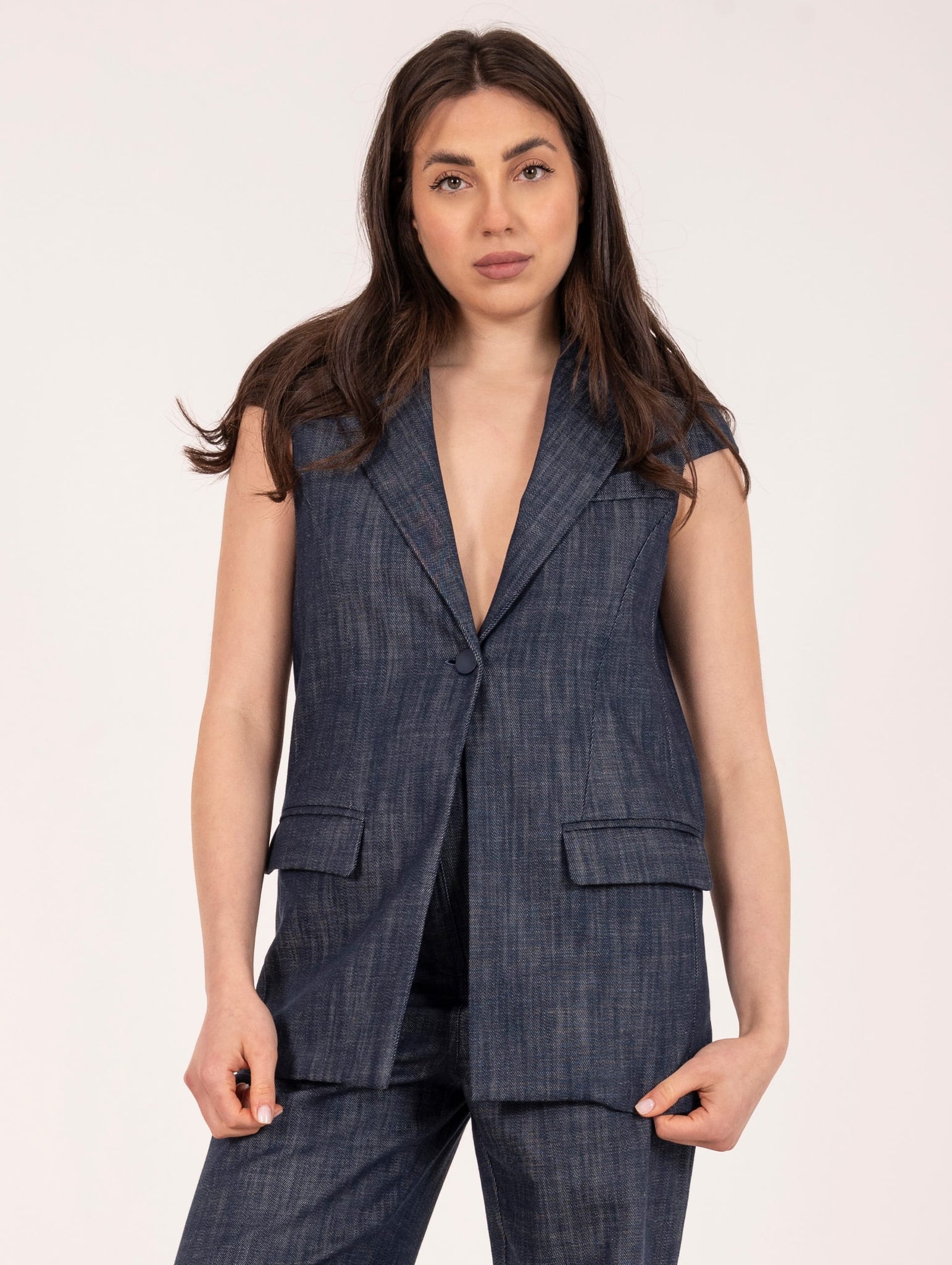 Gilet Brand Unique in Cotone e Lino Denim Medio