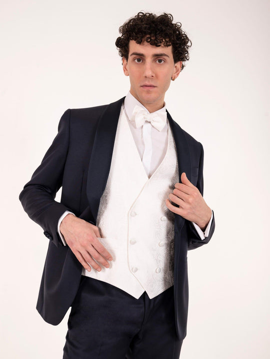 Luigi Bianchi Mantova Ceremony Vest with Damask Embroidery in White Silk