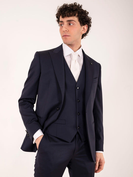 Luigi Bianchi Mantova Ceremony Vest in Virgin Wool Herringbone Blue