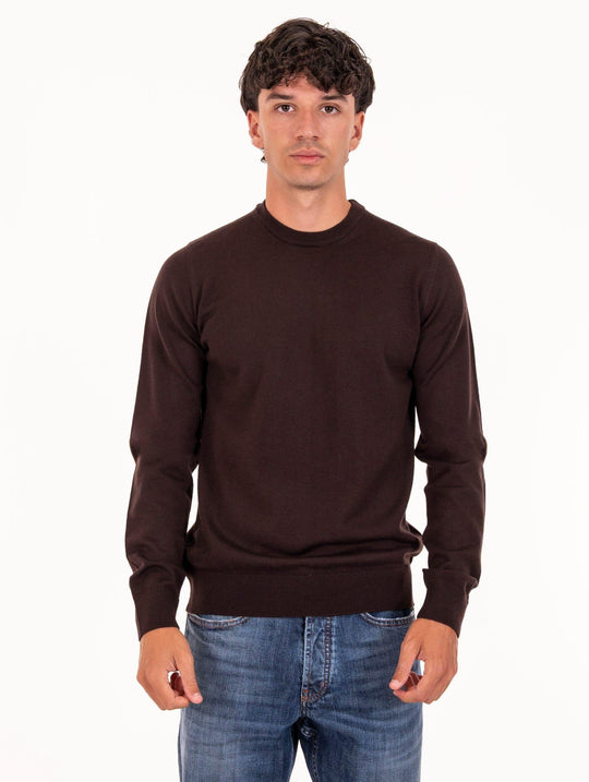 Alpha Studio Crew Neck in Extrafine Merino Wool Dark Brown